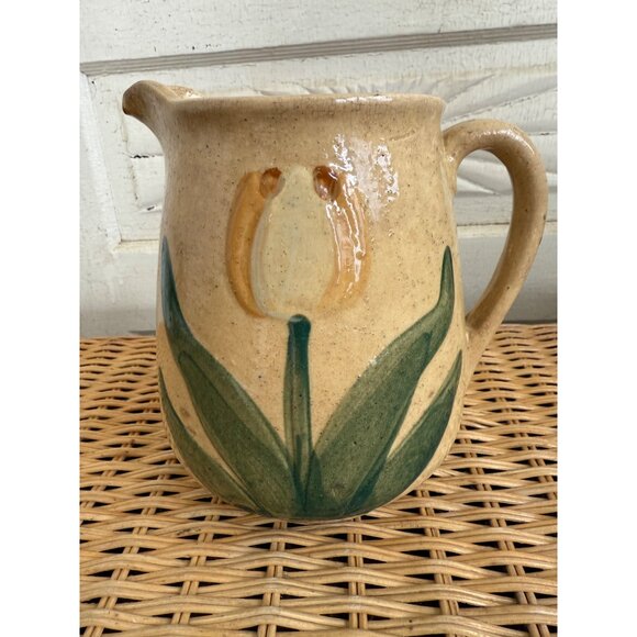 Antique 1910s Stoneware Milk Water Pitcher Yellow Tulips Farmhouse Primitive - Picture 13 of 15
